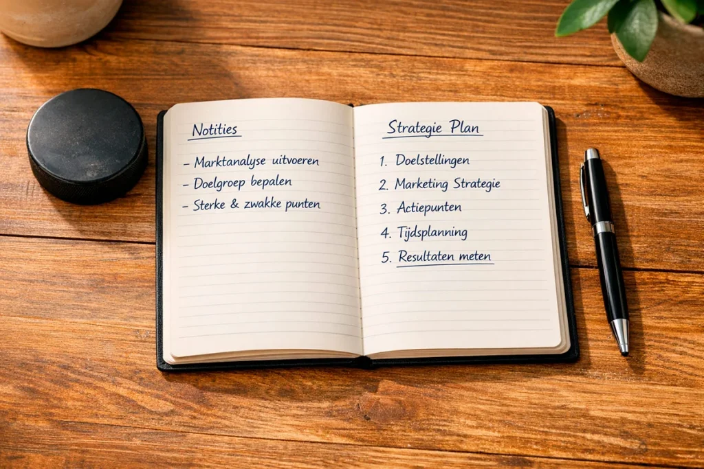 Notitieboekje met wedstrategie naast een ijshockey puck op een houten tafel