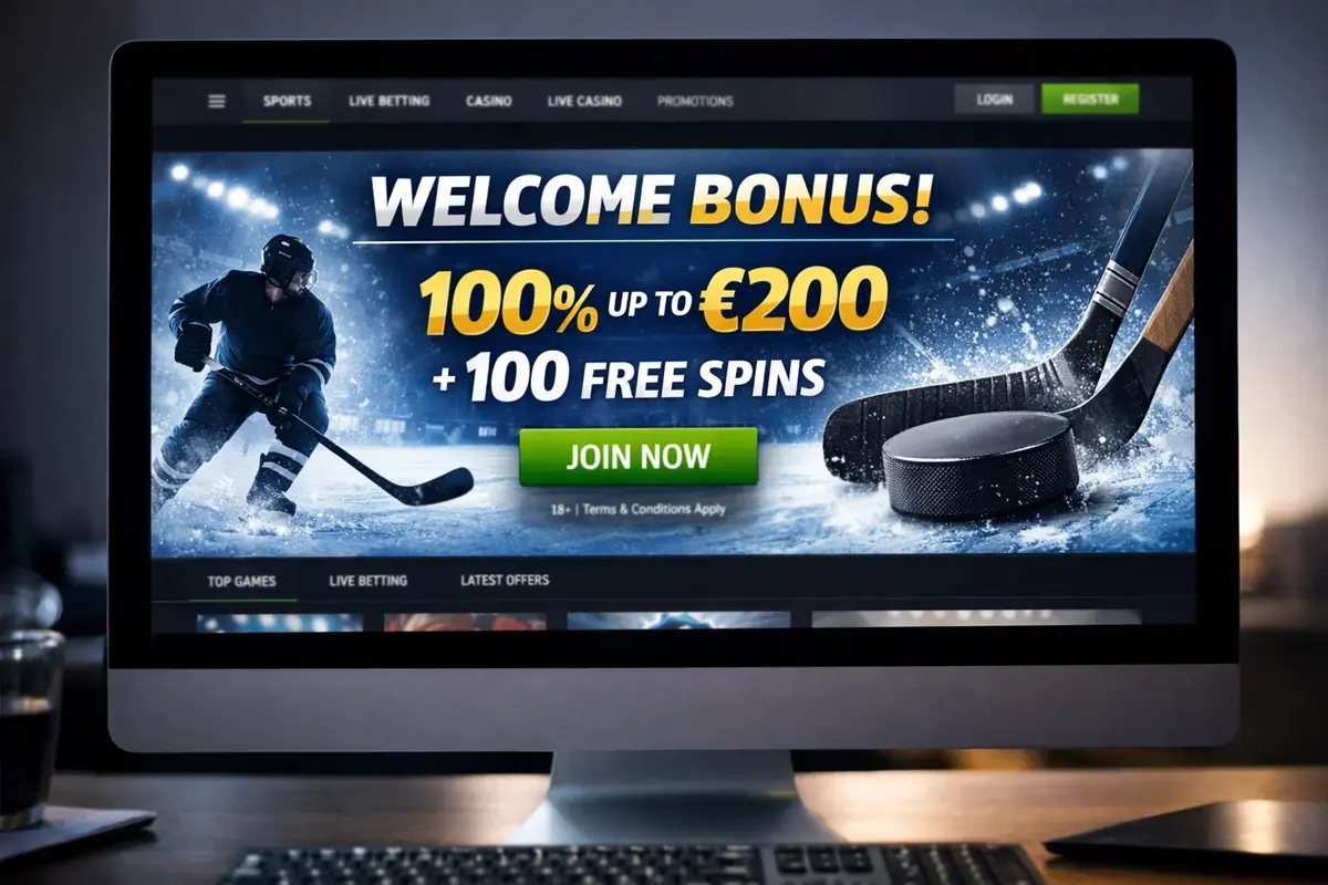 Welkomstbonus aanbieding op een bookmaker website met ijshockey thema