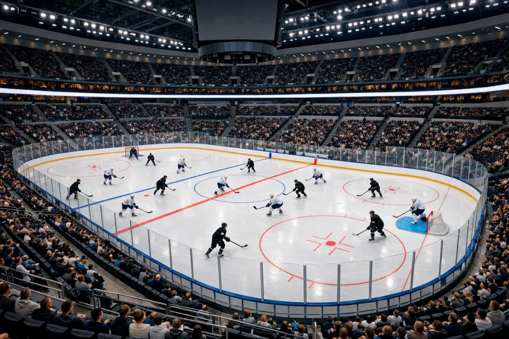 Overzicht van een ijshockeywedstrijd vanuit de tribune van een moderne arena