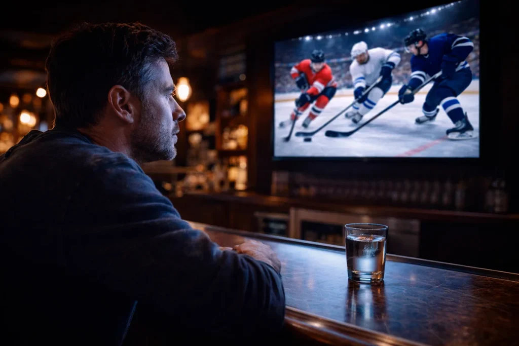 Ijshockeyfan die geconcentreerd een wedstrijd volgt op een groot scherm in een sportbar