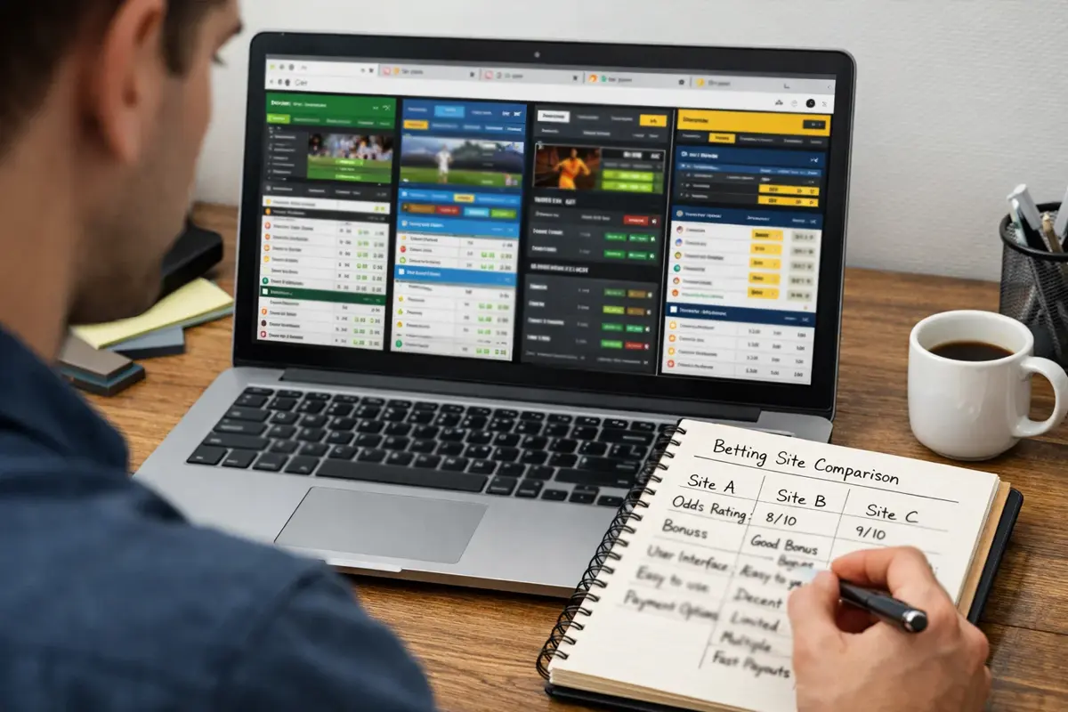 Persoon vergelijkt bookmaker websites op laptop met notities ernaast