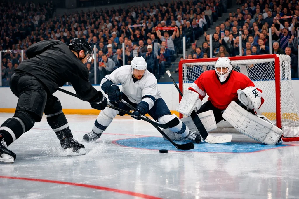 Duitse ijshockeyspelers in een DEL-wedstrijd met enthousiast publiek op de tribune