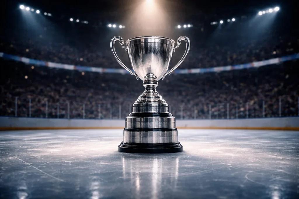 De Stanley Cup trofee op het ijs verlicht door schijnwerpers in een arena