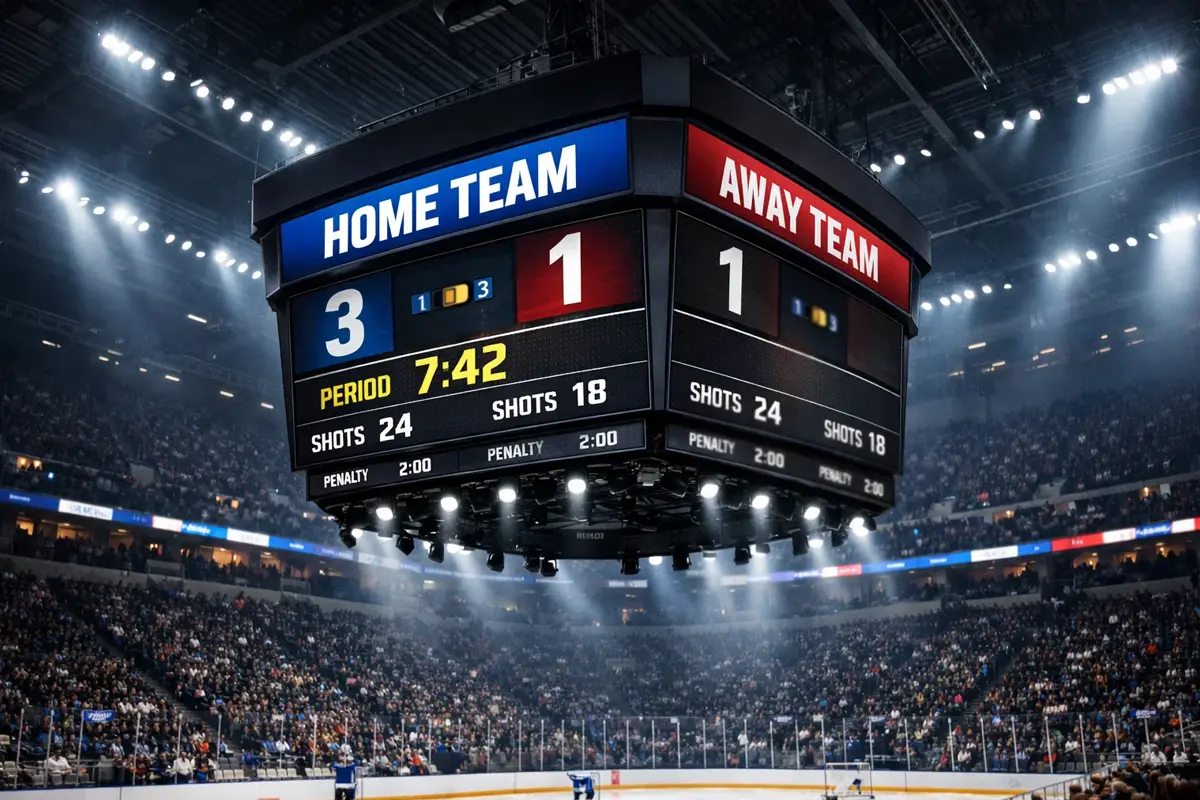 Scorebord in NHL-stadion toont stand met twee goals verschil tijdens wedstrijd