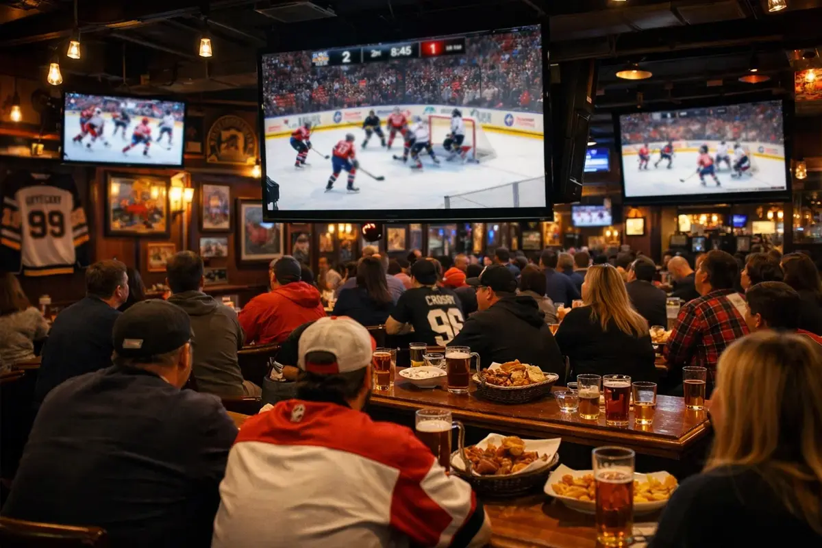 Ijshockeyfans volgen een live NHL-wedstrijd op groot scherm in een sportsbar