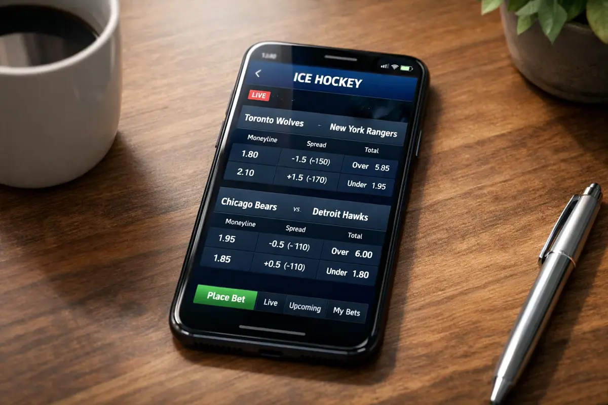 Smartphone met sportsbook app toont ijshockey weddenschappen op een bureau