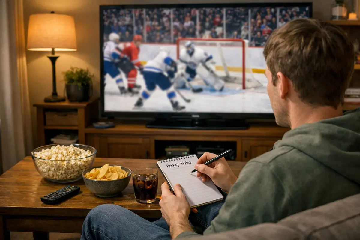 Beginnende wedder bestudeert ijshockeywedstrijd op televisie met notitieblok