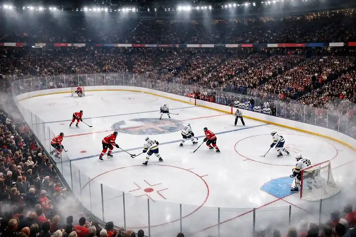 IJshockeywedstrijd in een vol NHL-stadion met spelers in actie op het ijs