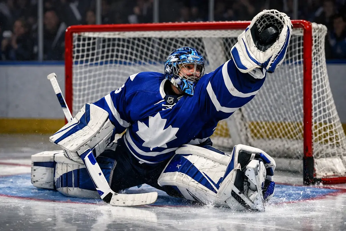 IJshockeykeeper maakt een spectaculaire save tijdens een wedstrijd