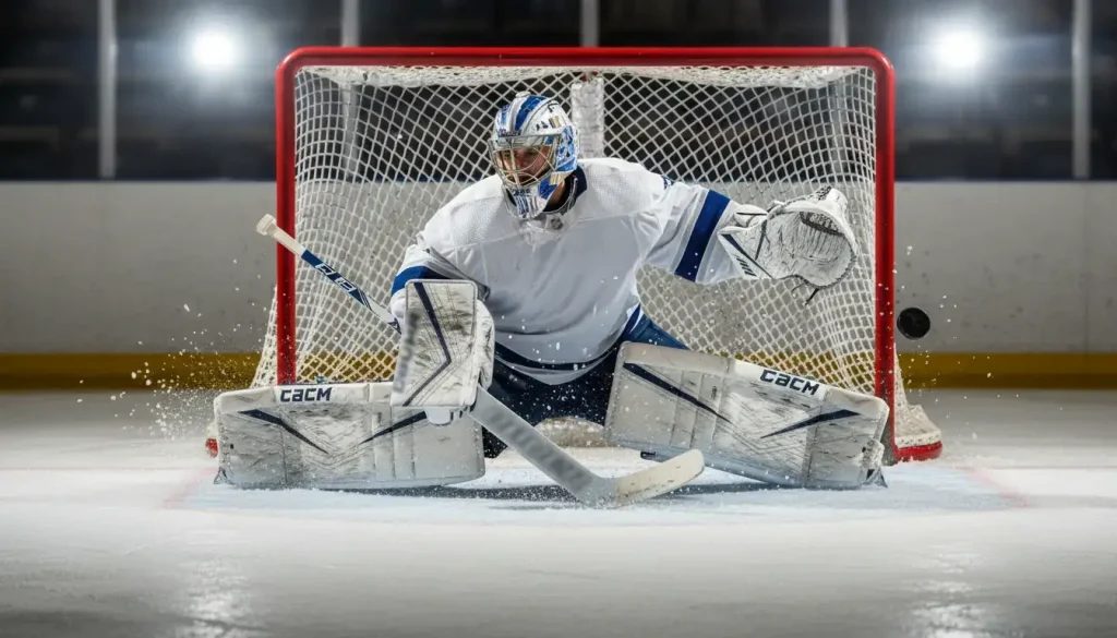 IJshockeykeeper in volledige uitrusting die een schot stopt in het doel