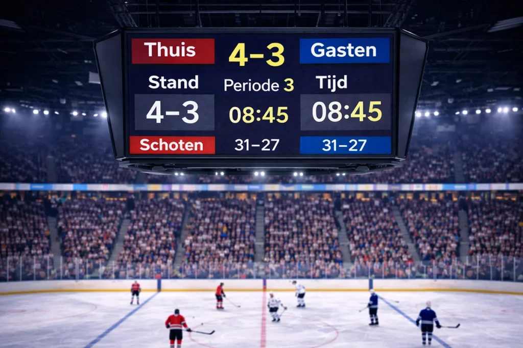 Scorebord in een ijshockeyarena met wedstrijdstatistieken en standen