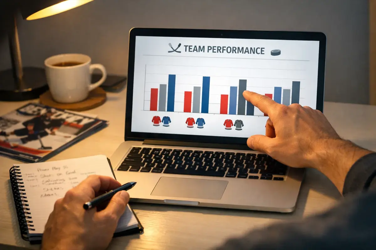 Analysebureau met ijshockeystatistieken en grafieken op een laptop