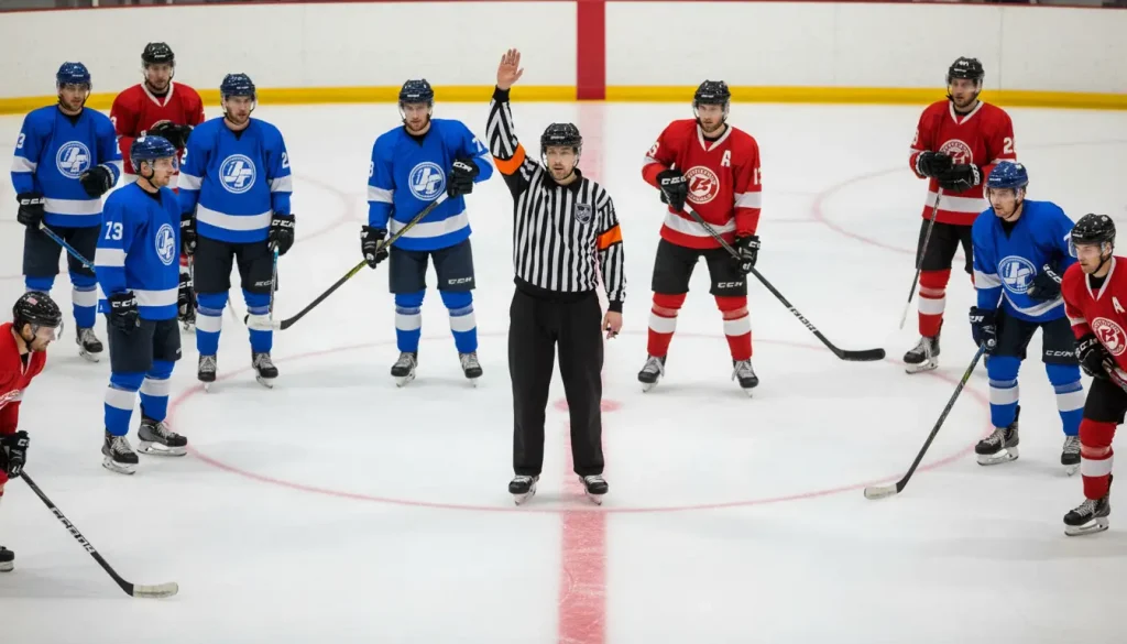 Scheidsrechter die een straf aanwijst tijdens een professionele ijshockeywedstrijd