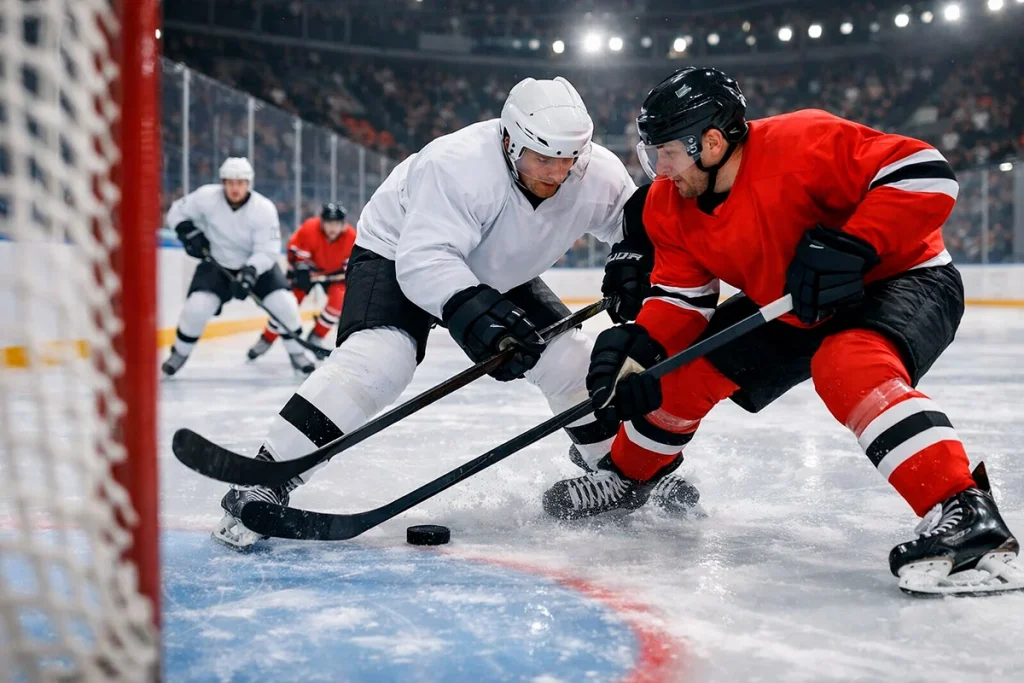 Close-up van een ijshockeywedstrijd met spelers in actie op de ijsbaan