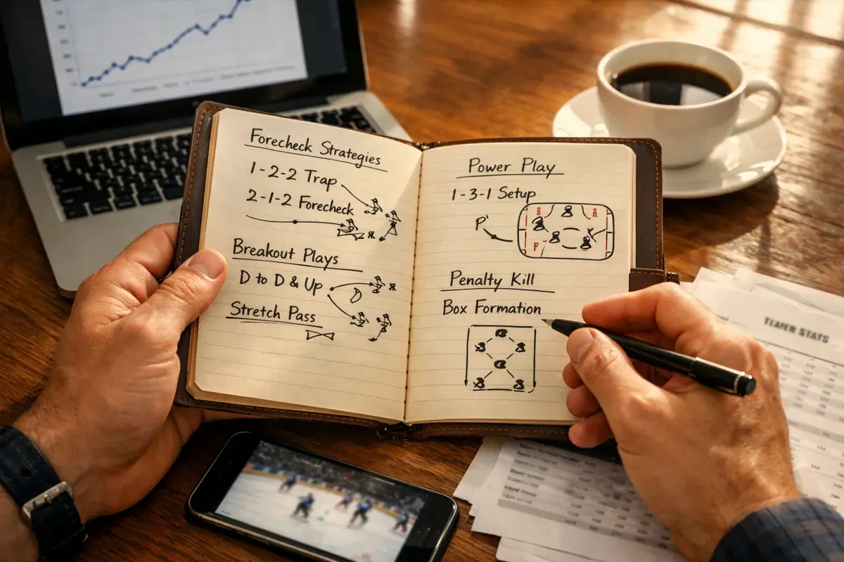 Persoon analyseert ijshockeystatistieken op een notitieblok met laptop