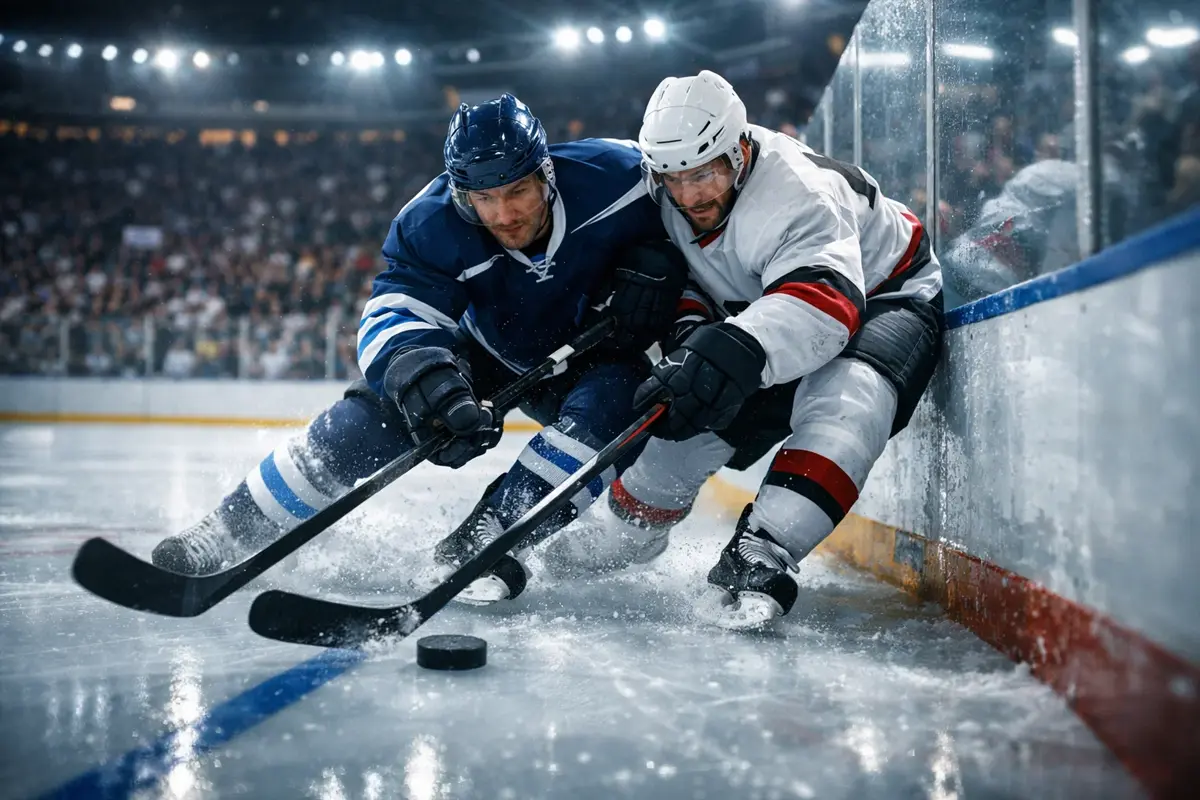 IJshockeywedstrijd met spelers op het ijs in een moderne arena