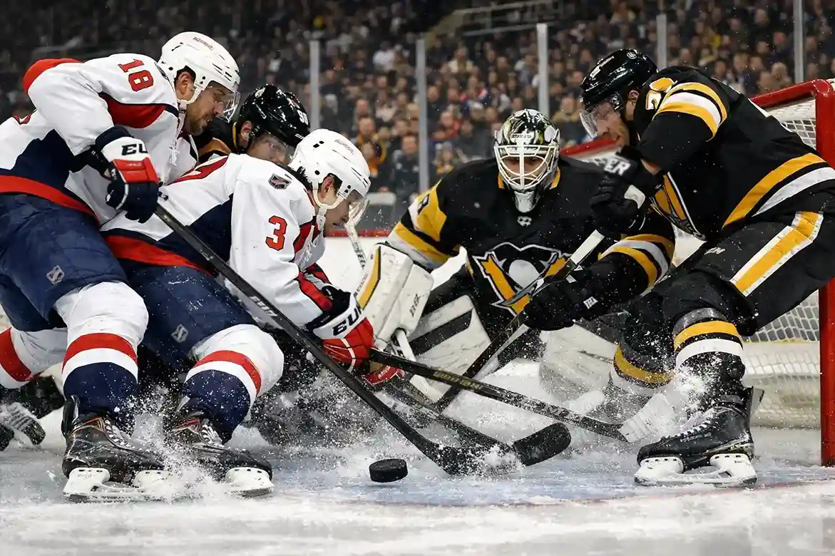 Ijshockeywedstrijd in volle gang met spelers die vechten om de puck bij het doel