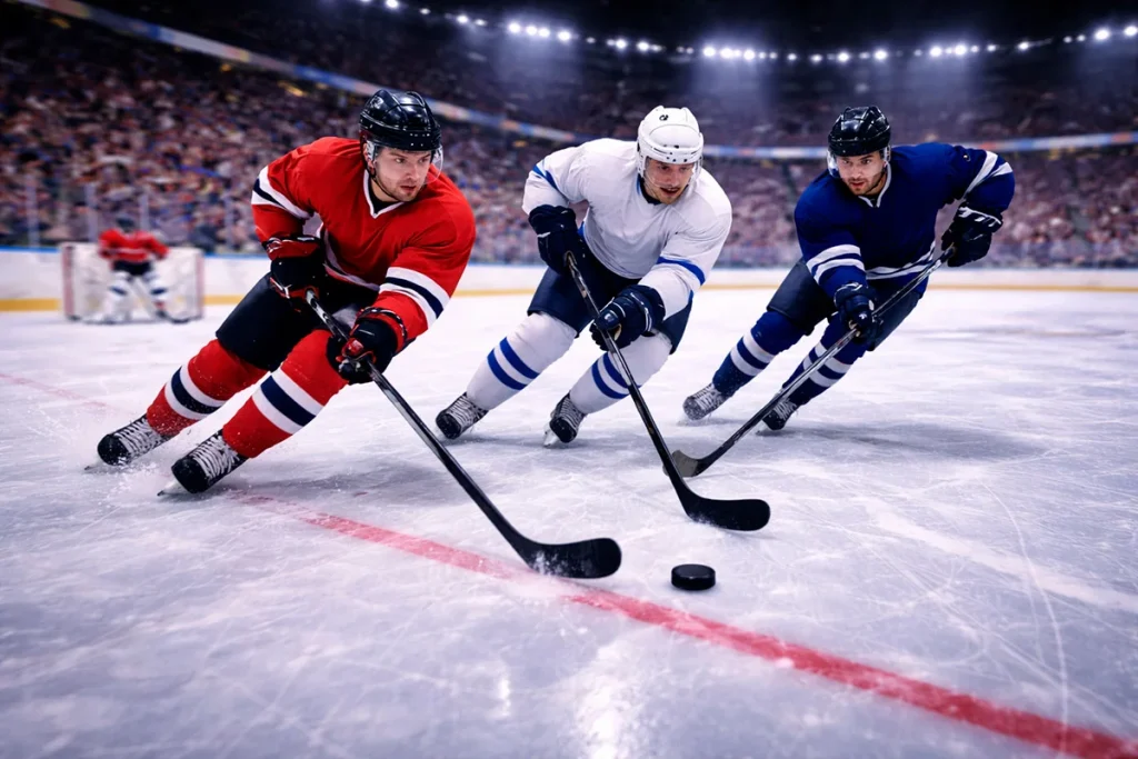Dynamisch moment tijdens een ijshockeywedstrijd met spelers die de puck achtervolgen