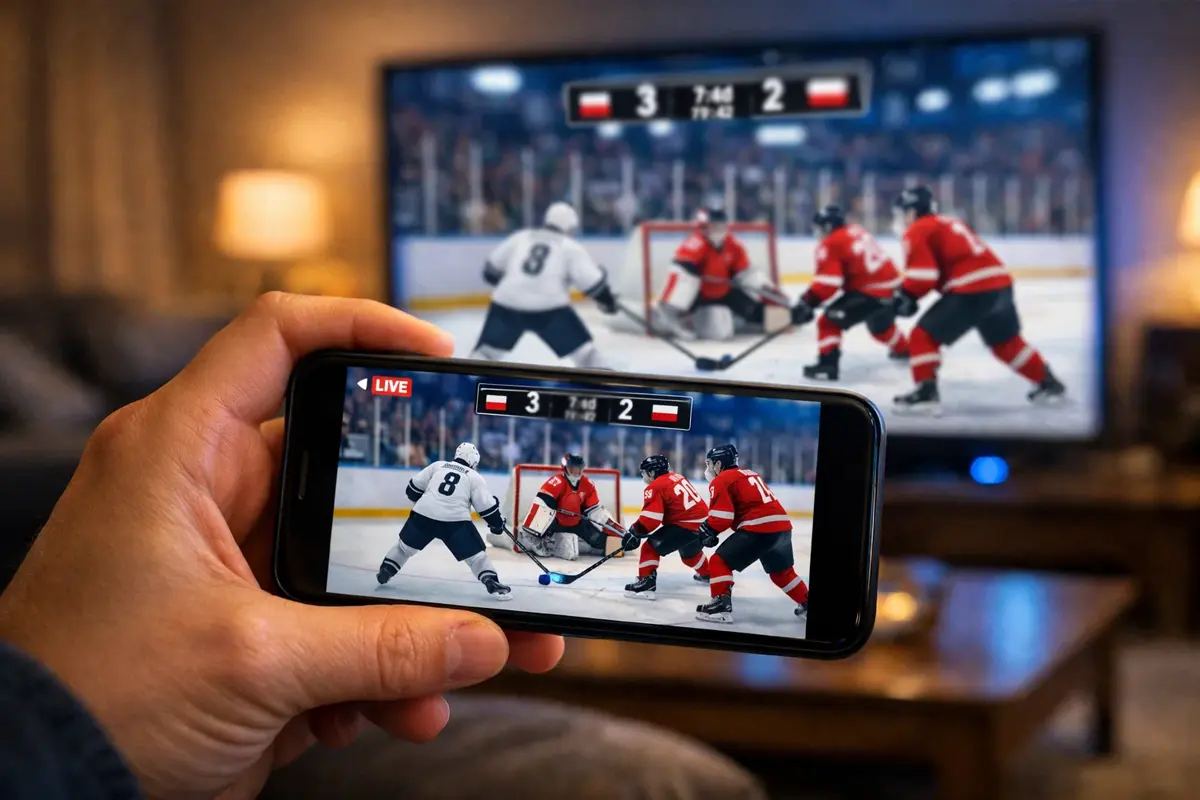 Smartphone met live ijshockeywedstrijd en wedopties op het scherm