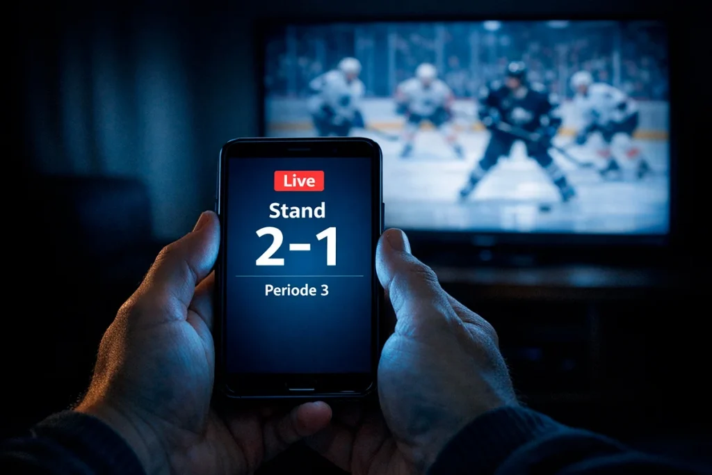 Persoon die een smartphone vasthoudt met een ijshockeywedstrijd op de achtergrond