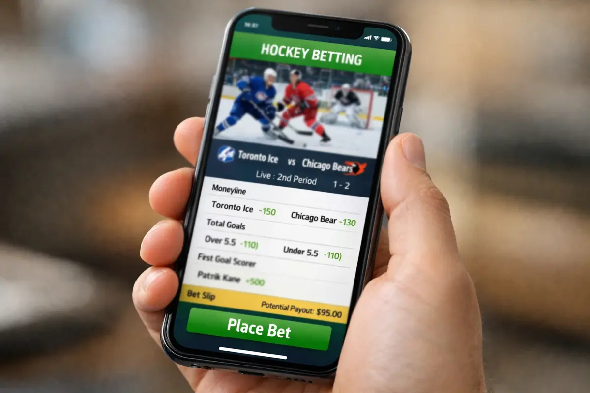 Hand houdt smartphone met bookmaker app waarop een ijshockeyweddenschap staat