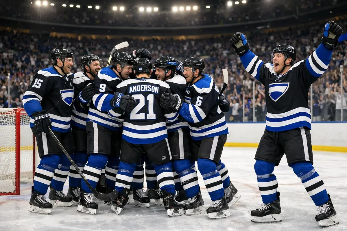 Ijshockeyteam viert een powerplay goal met spelers die elkaar omhelzen