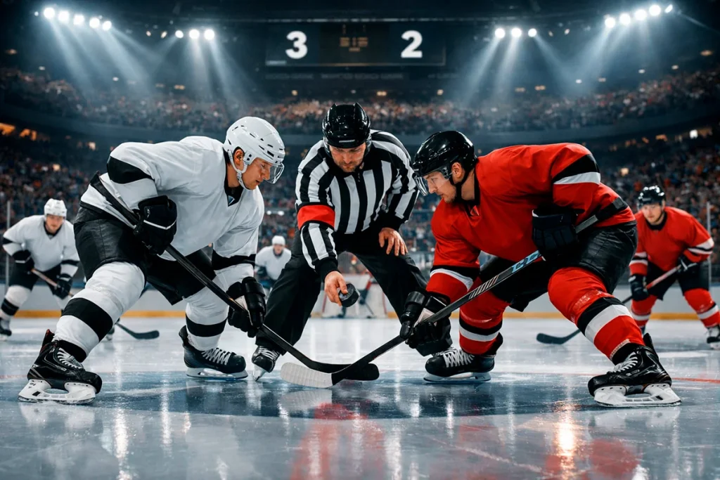 IJshockeywedstrijd in een volle arena met spelers op het ijs en scorebord