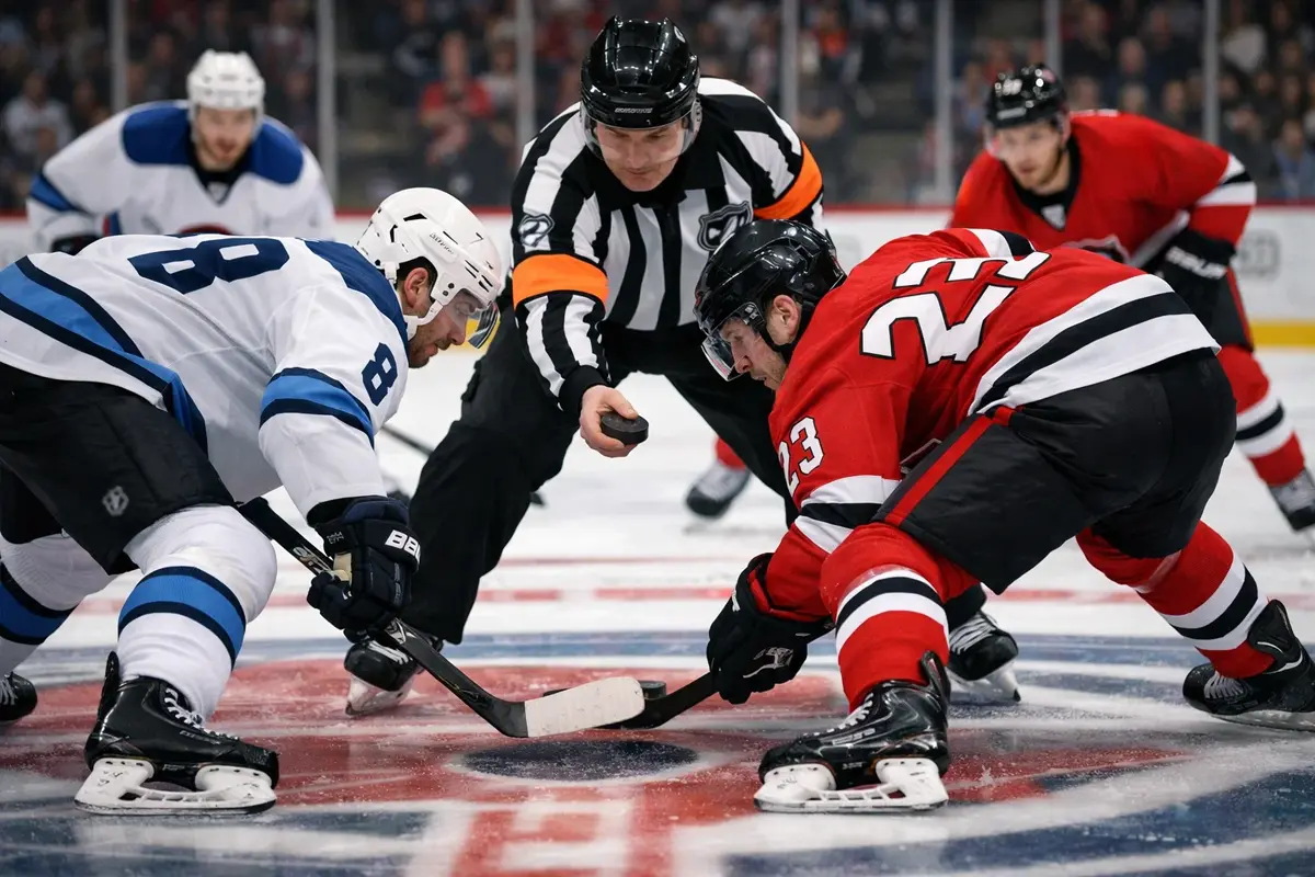 Twee ijshockeyteams in een face-off situatie op het middenveld