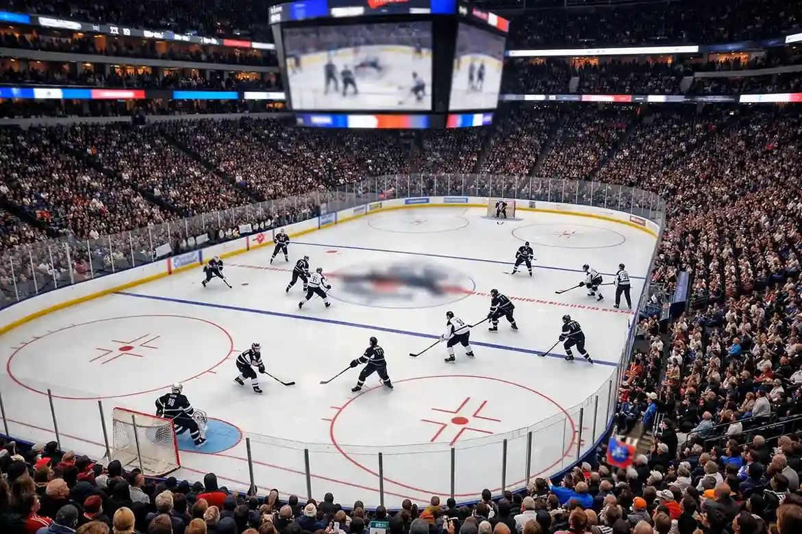 Professionele ijshockeywedstrijd met volle tribunes en NHL-logo