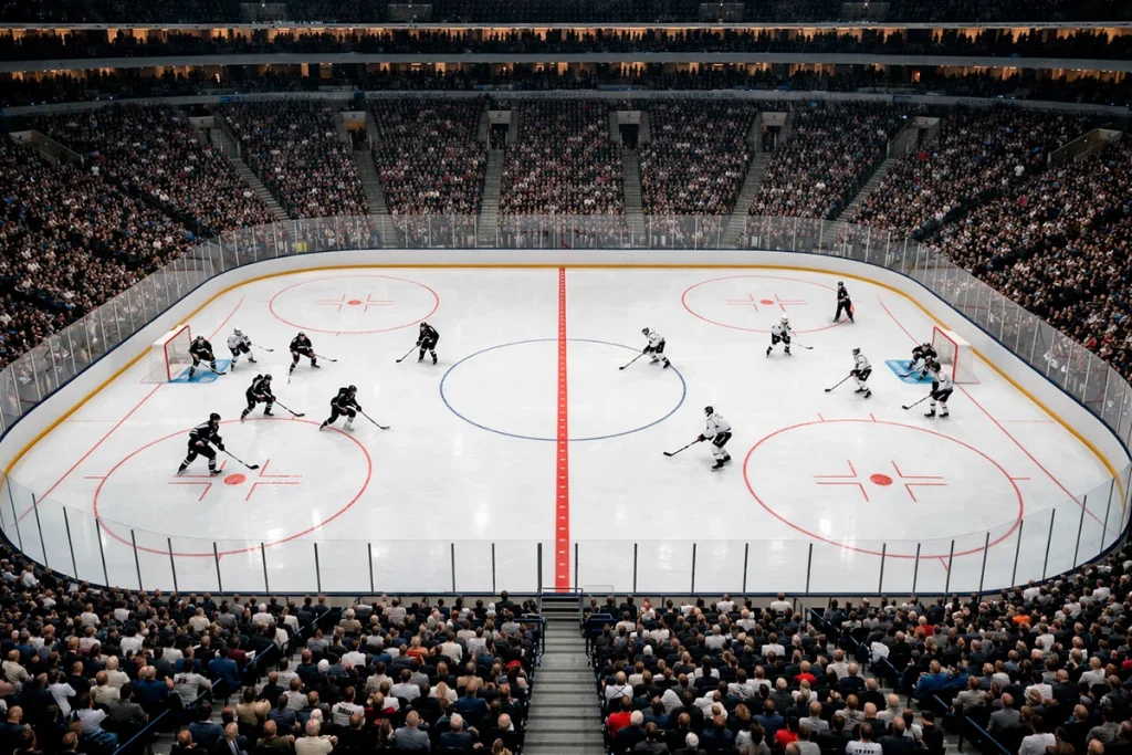 NHL-ijshockeywedstrijd in een uitverkochte arena met fans en spelers op het ijs