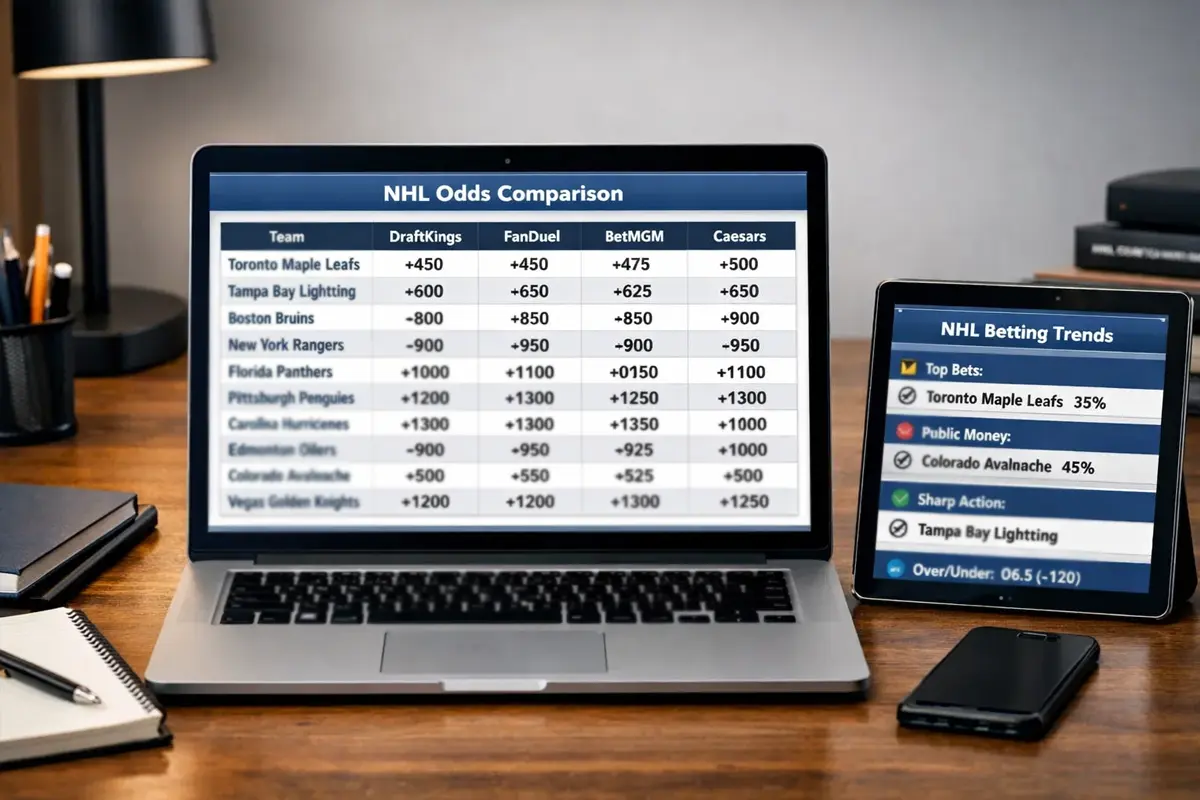 Laptop scherm toont NHL odds vergelijking tussen verschillende bookmakers