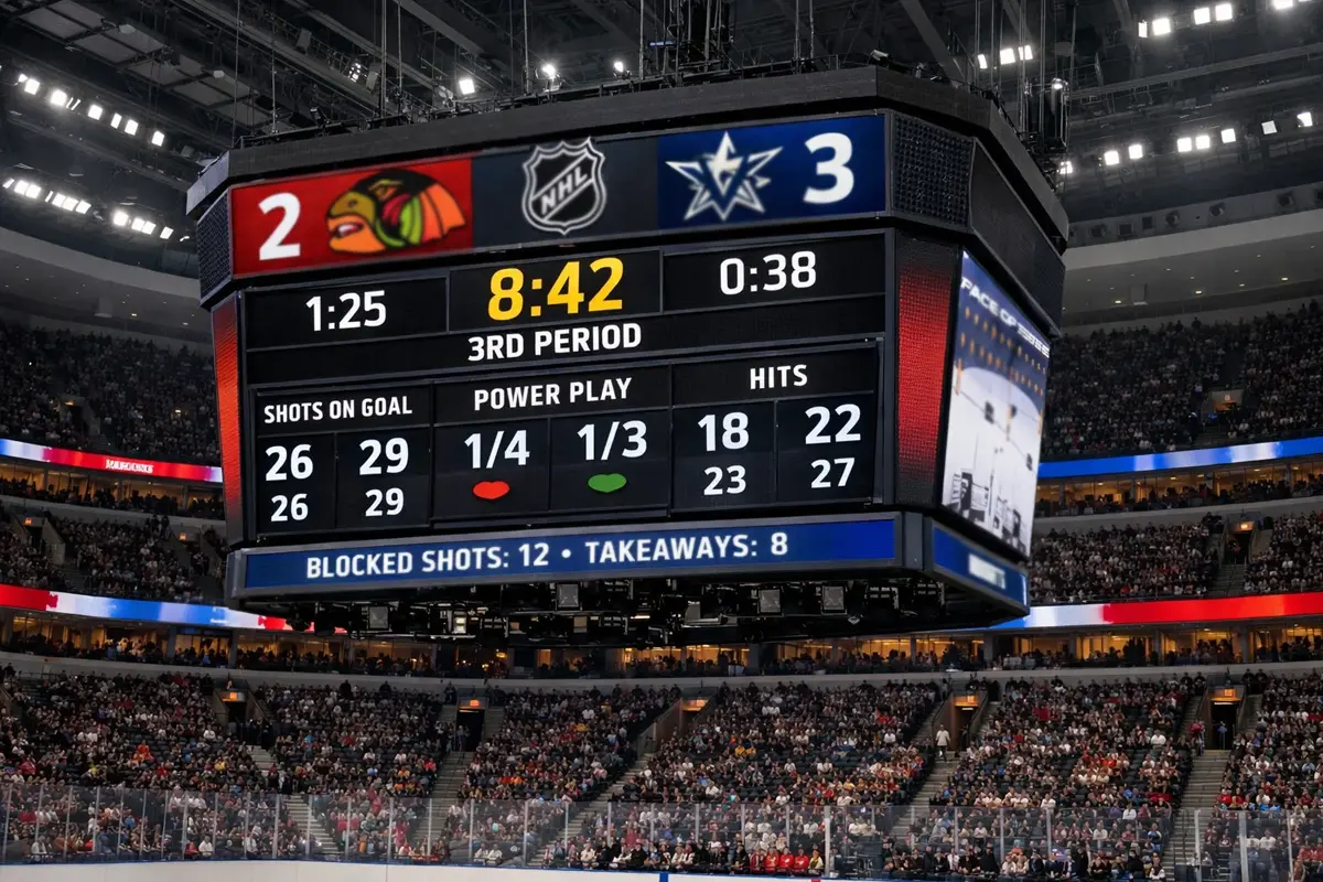 Digitaal scorebord in NHL-arena toont stand en statistieken tijdens wedstrijd