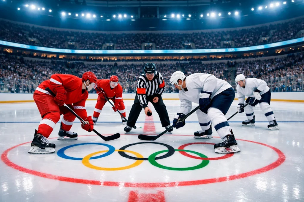 Olympisch ijshockeytoernooi met nationale teams en olympische ringen op het ijs