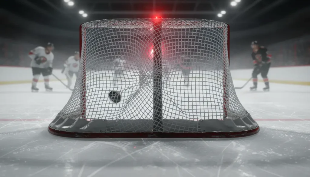 IJshockeypuck die in het doel vliegt tijdens een intensieve wedstrijd