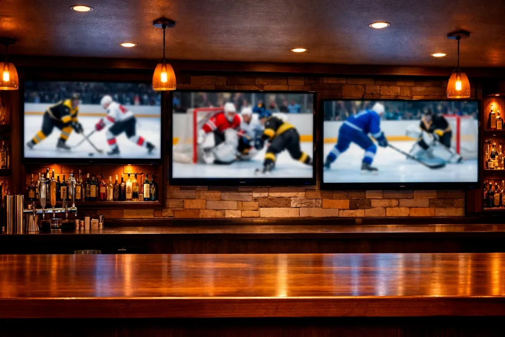 Meerdere ijshockeywedstrijden tegelijk op schermen in een sportbar