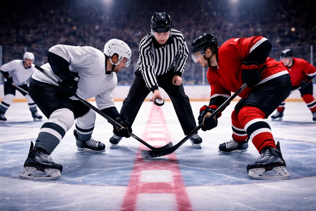 IJshockeyspelers tijdens een faceoff aan het begin van een nieuwe periode