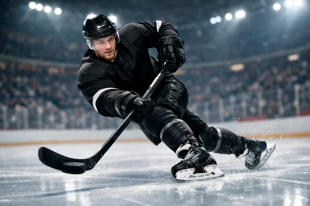 IJshockeyaanvaller met de puck op het ijs klaar om te schieten op doel