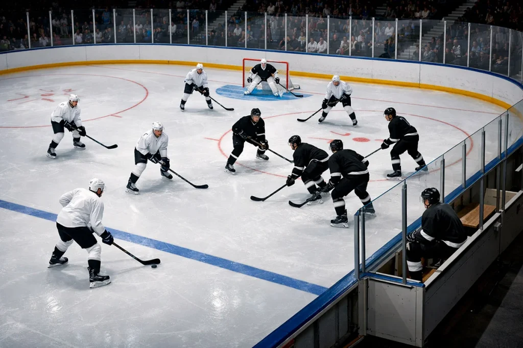 IJshockeyteam in powerplay-formatie met numeriek overwicht op het ijs