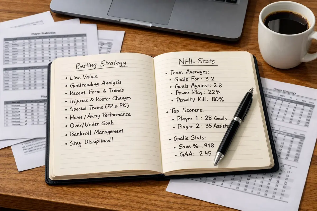 Notitieboek met wedstrategie aantekeningen en ijshockeystatistieken op tafel