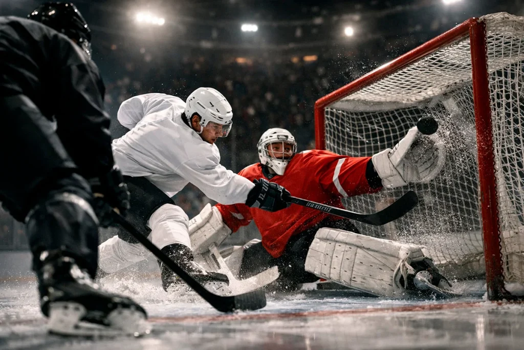 IJshockeyspeler die een doelpunt scoort langs de keeper in een NHL-wedstrijd