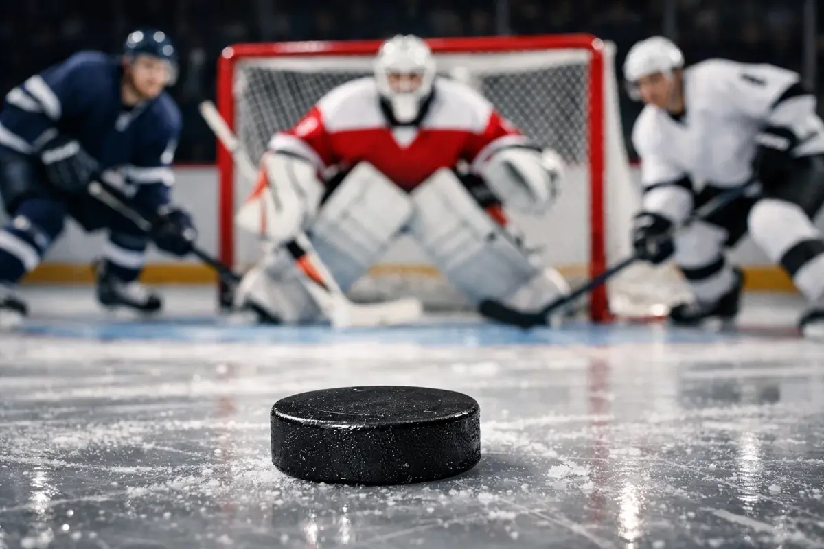 IJshockeypuck op het ijs met keeper en verdedigers in positie voor het doel