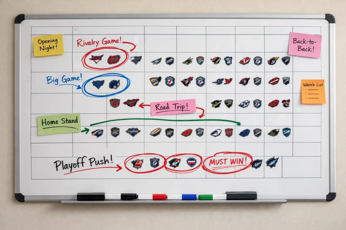 NHL-speelschema op whiteboard met markeringen voor belangrijke wedstrijden
