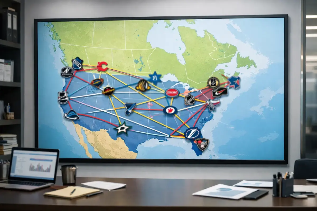 NHL-speelschema en reiskaart van Noord-Amerika met teamlocaties