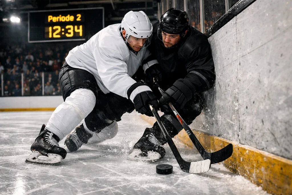 IJshockeybaan met spelers tijdens een intensieve wedstrijd halverwege het seizoen