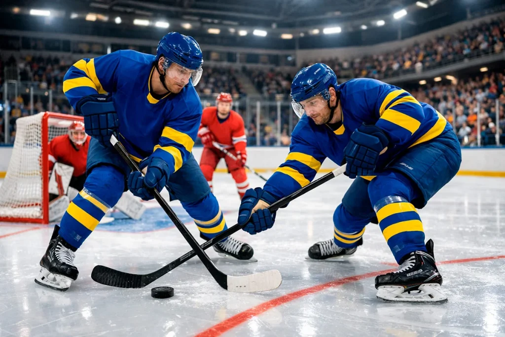 Zweedse ijshockeyspelers in actie tijdens een SHL-competitiewedstrijd