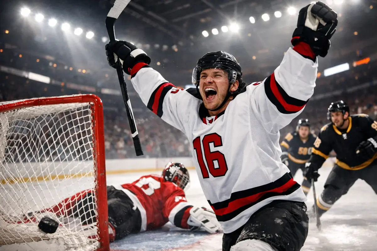 Ijshockeyspeler viert goal terwijl puck in het net ligt achter de verslagen keeper