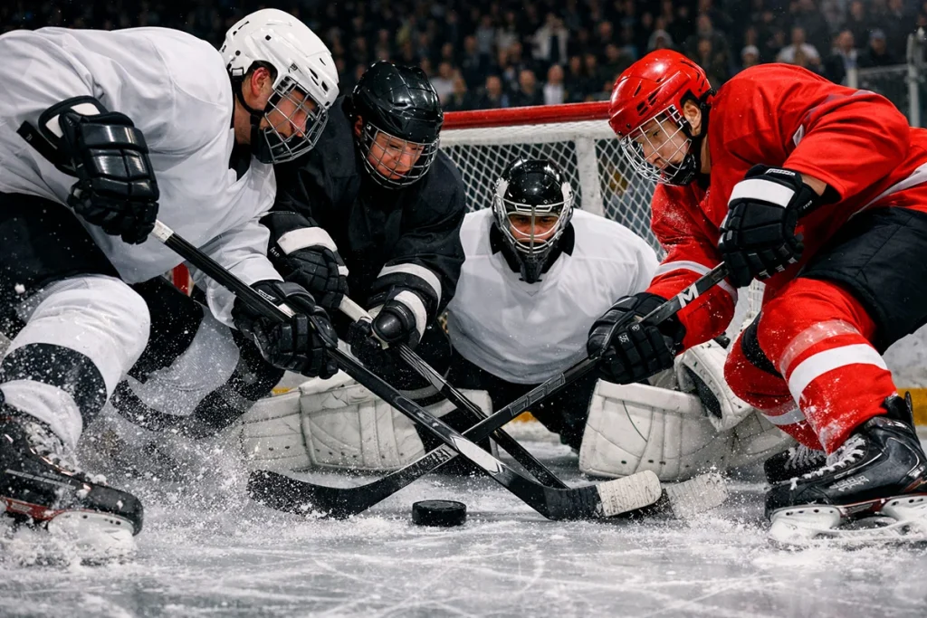 Intense NHL-playoffwedstrijd met spelers die vechten om de puck voor het doel