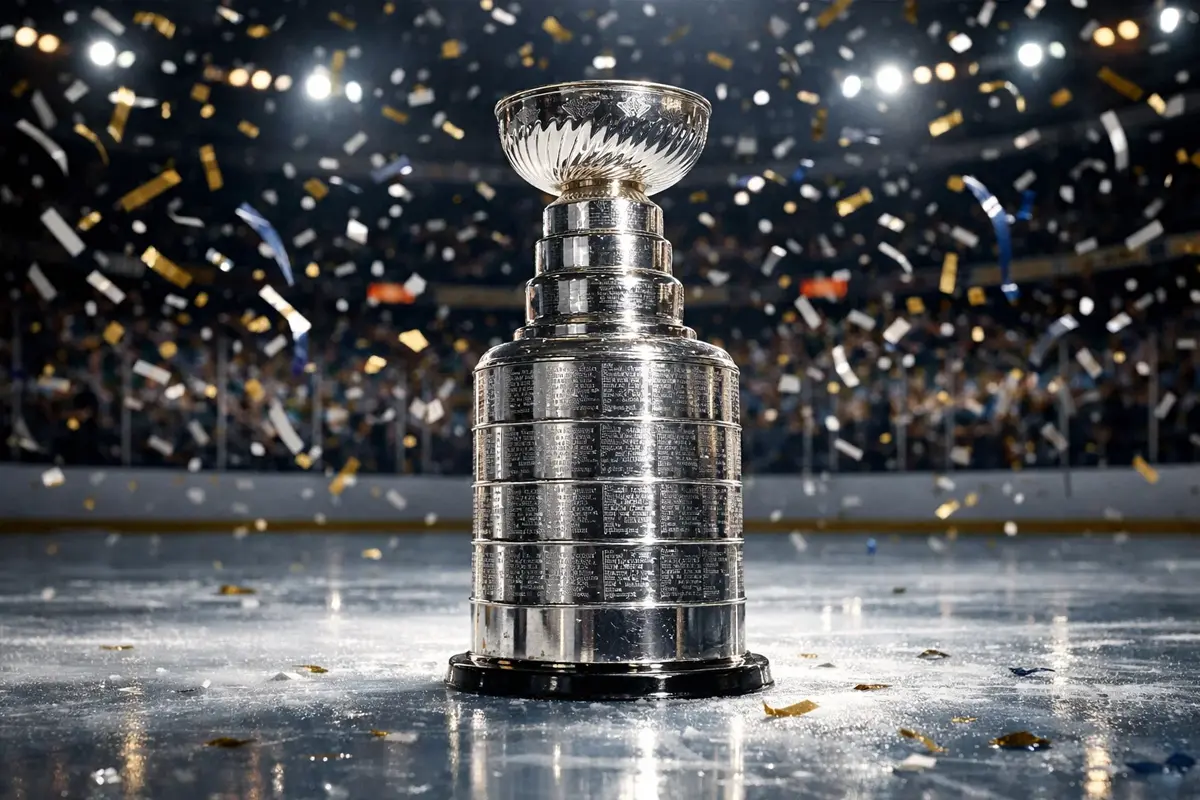 Stanley Cup-trofee op het ijs met spelers die vieren na de overwinning