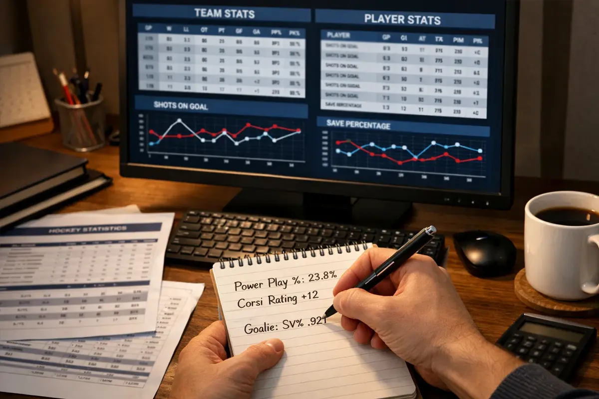 Wedder maakt aantekeningen tijdens het analyseren van ijshockeystatistieken