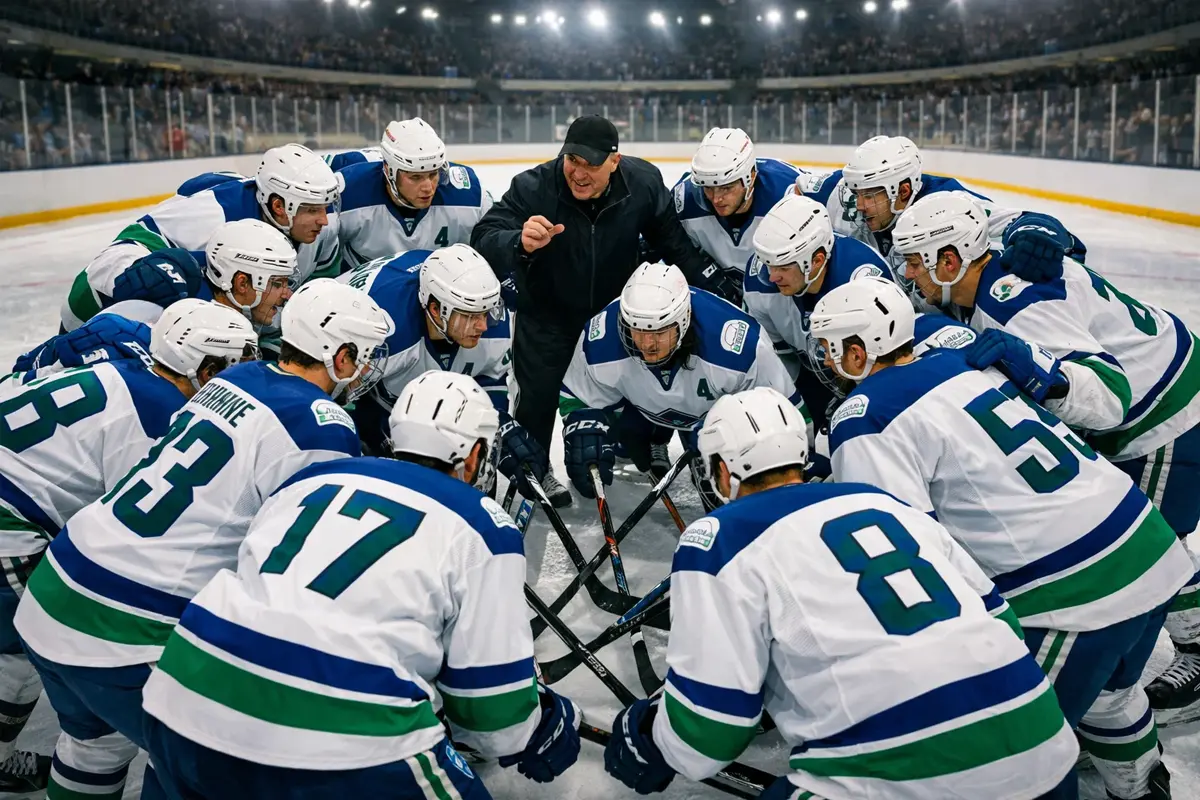 Ijshockeyteam in huddle op het ijs voor aanvang van de wedstrijd